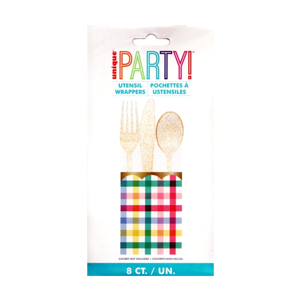 Unique Party Utensil Wrapper Sleeves - Multicolor Plaid (8 Pack)